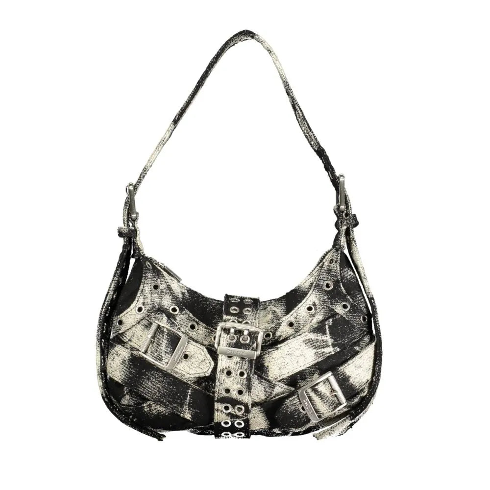 Nero Polyester Desigual mini bag with black & white distressed fabric, silver buckles, and eyelets.