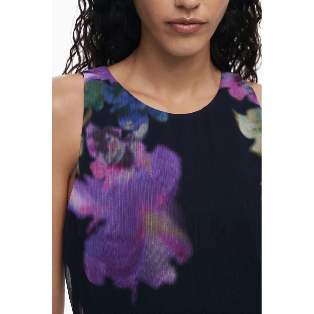 Desigual Nala Nero polyester sleeveless dress featuring a bold purple and multi-color floral print.
