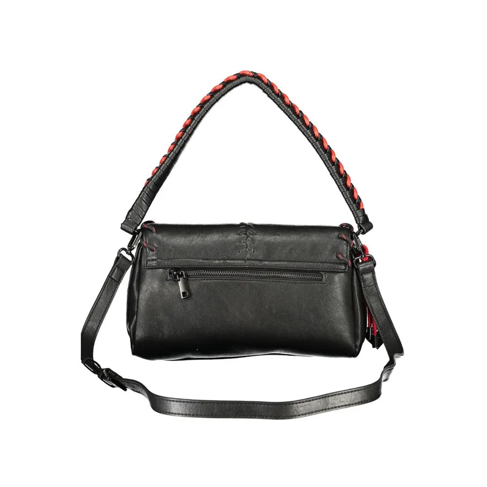 Nero polyurethane women's flap bag with bold red braided handle, adjustable strap, and rear zip pocket.