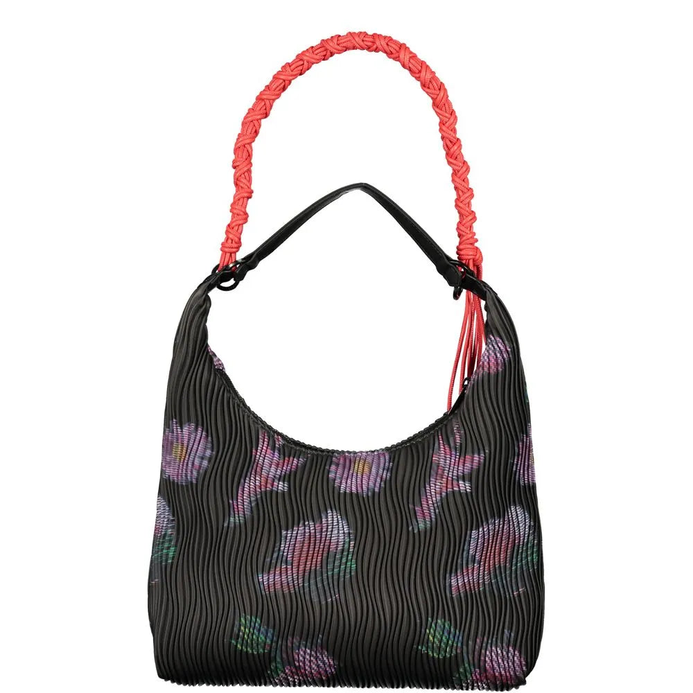 Nero pleated polyurethane handbag with colorful floral pattern and vibrant coral braided handle.