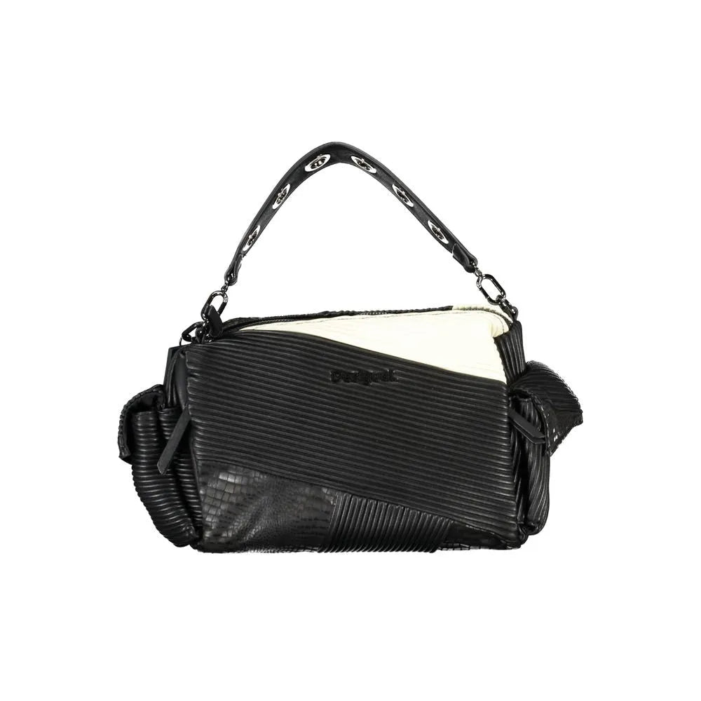 Desigual Nero polyurethane women's handbag with textured black panels, white pleated top, and studded handle.