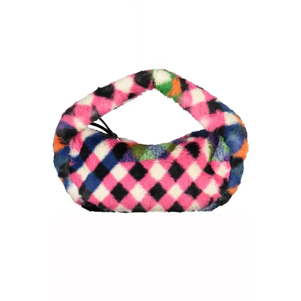 Plush multi-color checkered faux fur handbag in pink, black, white, blue, green, and orange, with a soft rounded handle.
