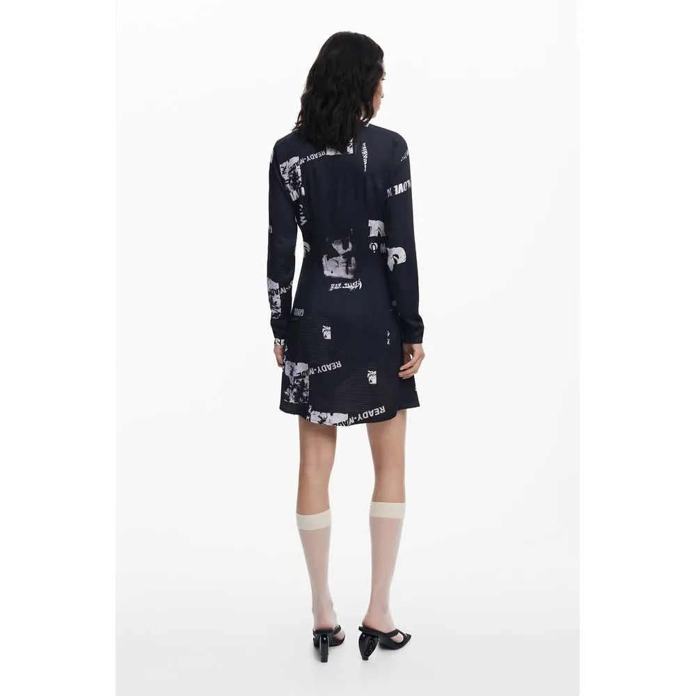 Nero Viscosa Desigual women's short dress, black with bold white graphic print, long sleeves, back view.