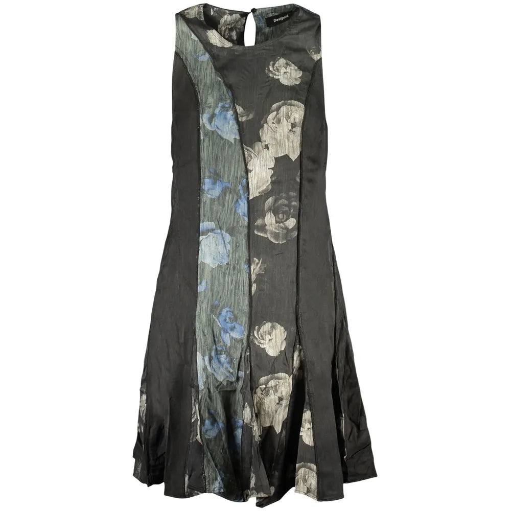 Nero Viscosa short dress by Desigual with wide straps, crew neck, and contrasting blue & grey floral print.