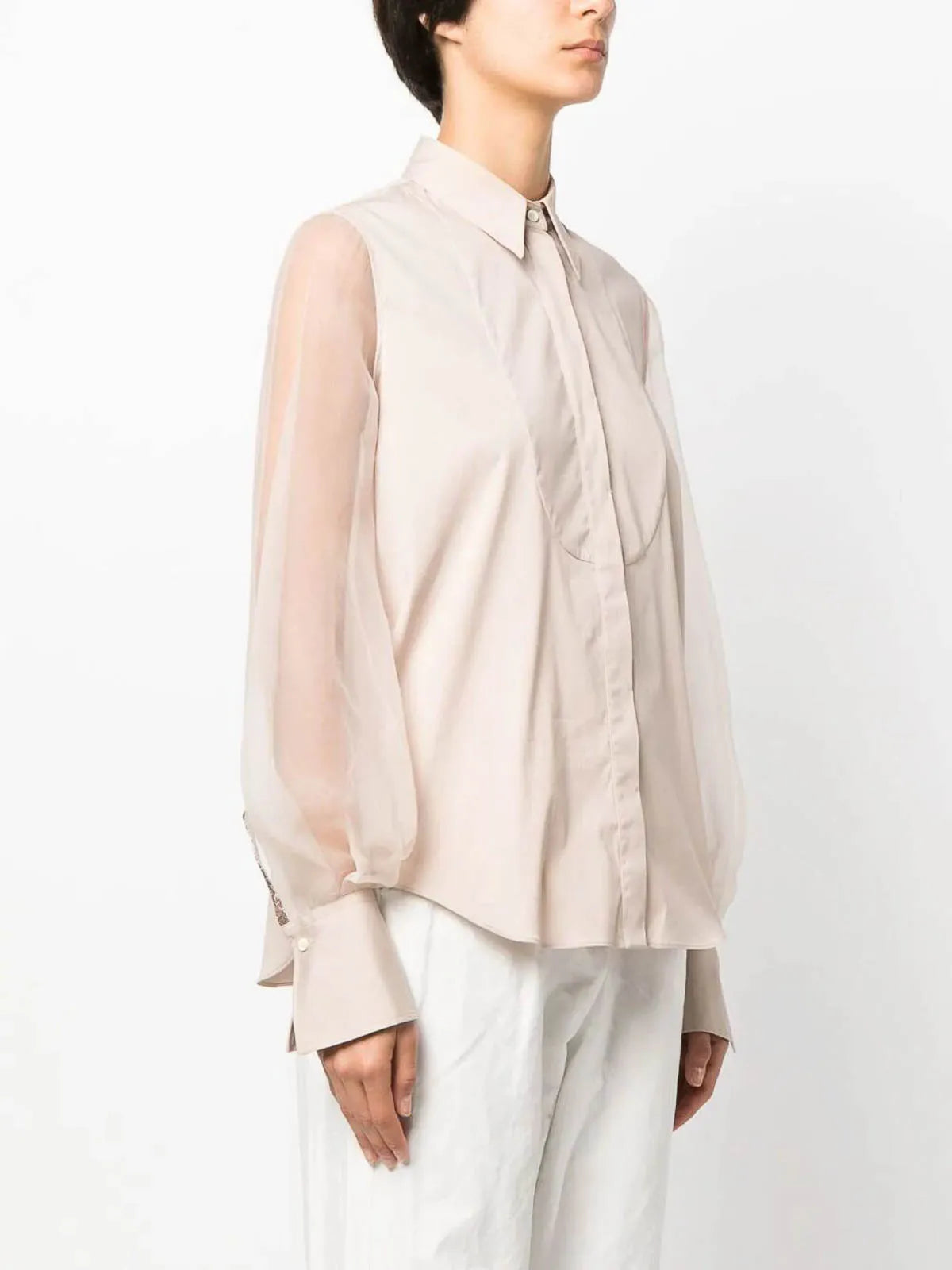 Brunello Cucinelli pink beige cotton blend blouse with sheer balloon sleeves and elegant front panel.