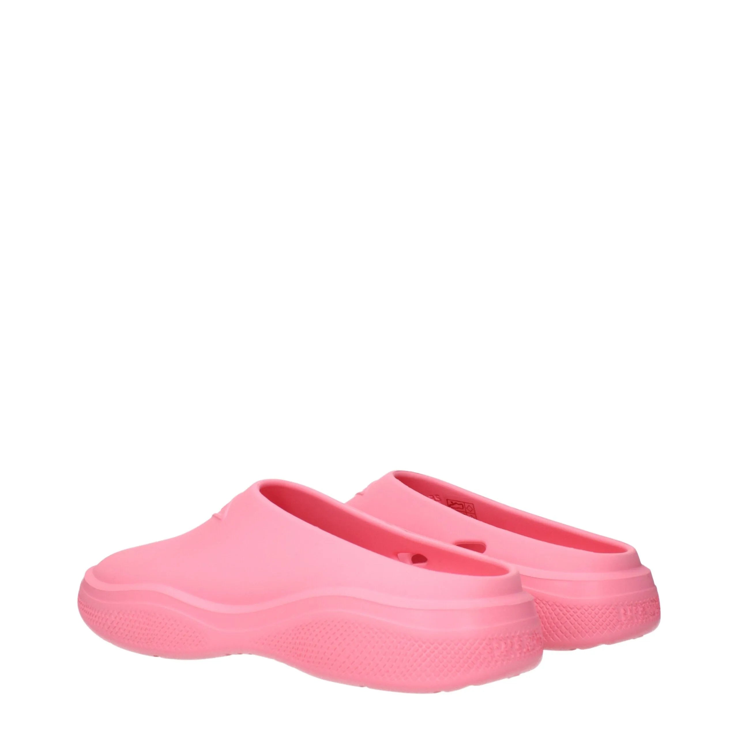 Prada begonia pink rubber slip-on clogs, casual style with a round toe and low flat heel.