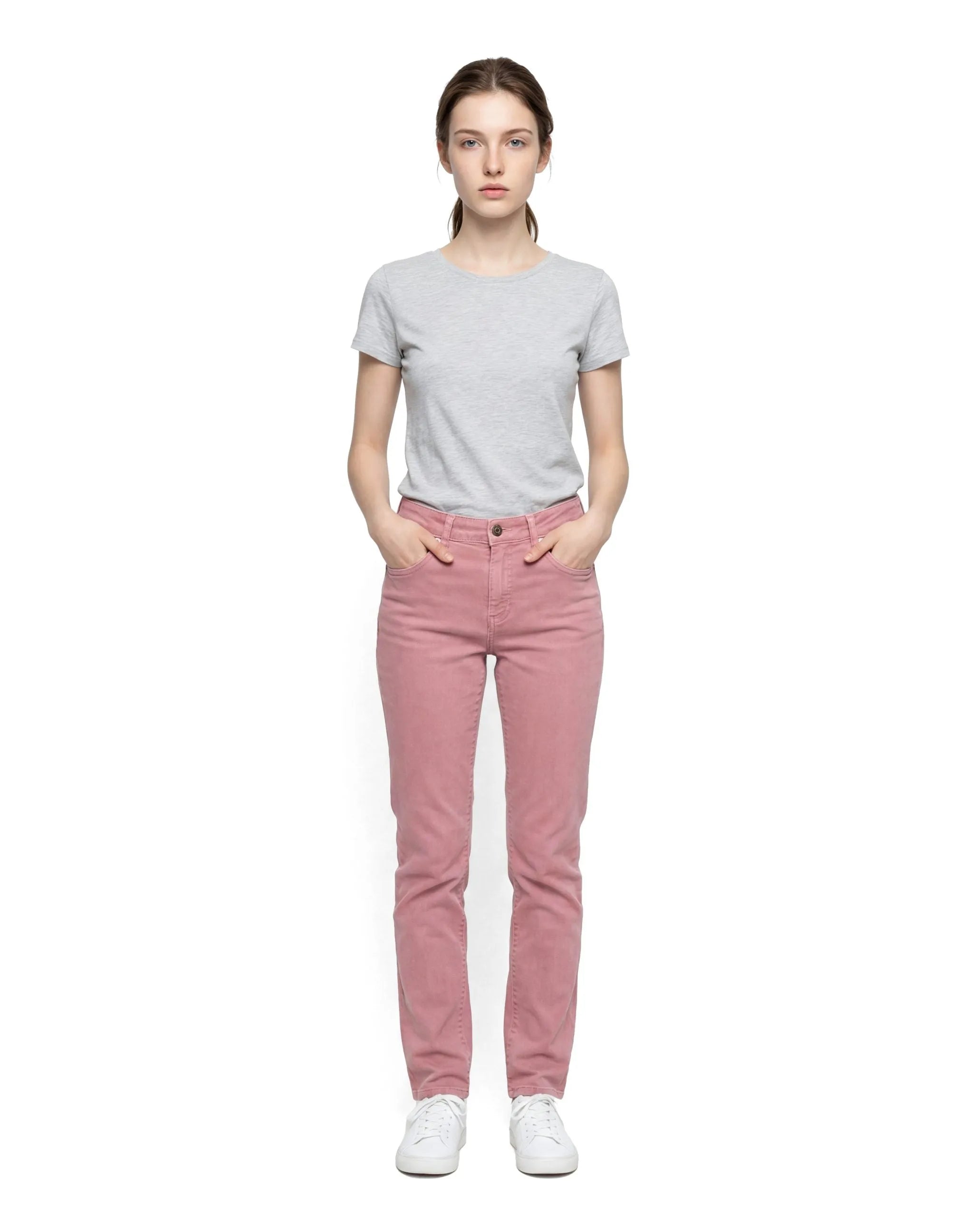 Pink Sand cotton straight-leg jeans on a woman wearing a grey t-shirt and white sneakers.