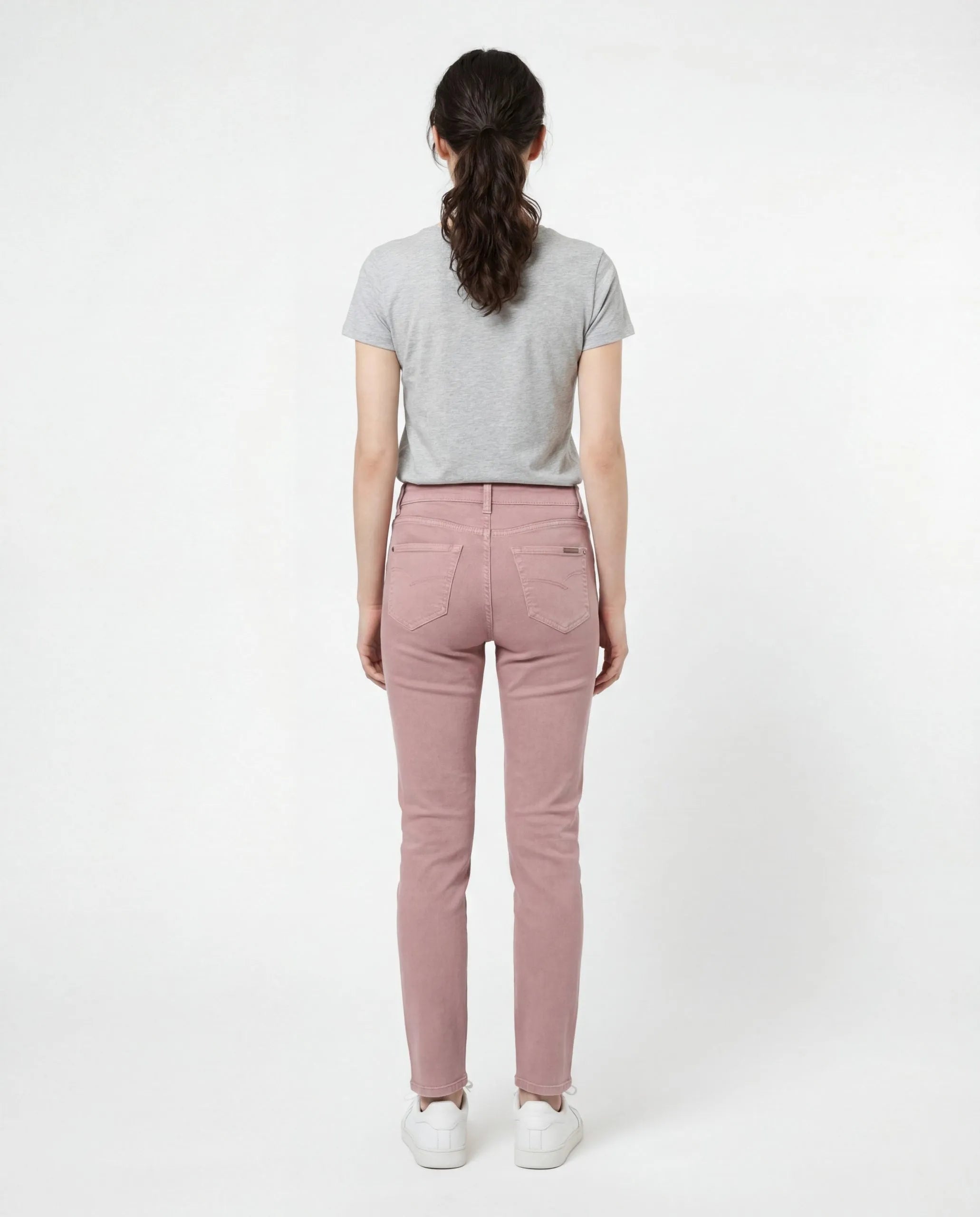 Women's Pink Sand cotton straight-leg jeans, back view, showing tailored fit and pockets.