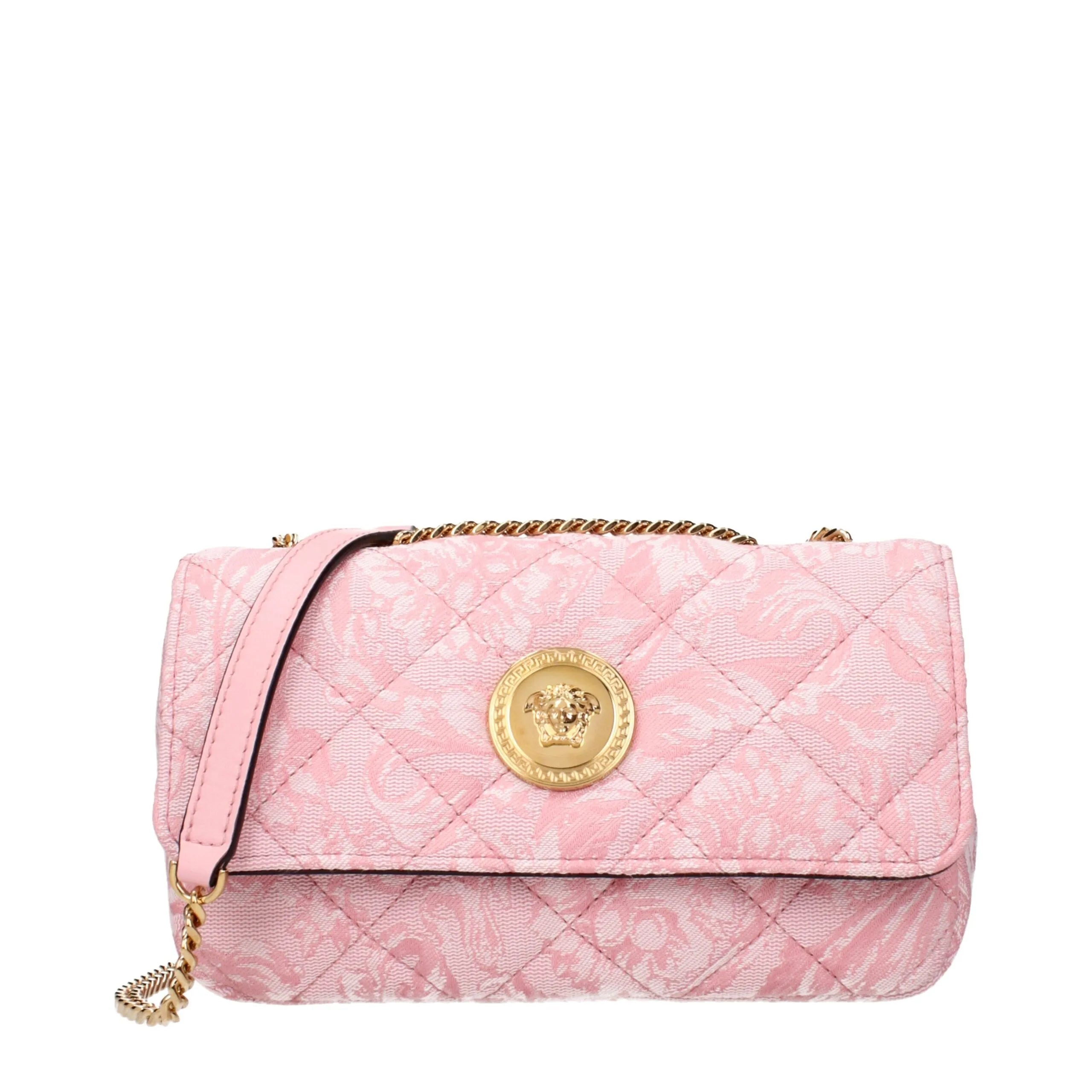 Pink quilted fabric Versace shoulder bag with ornate pattern, gold Medusa emblem front detail, and chain strap.
