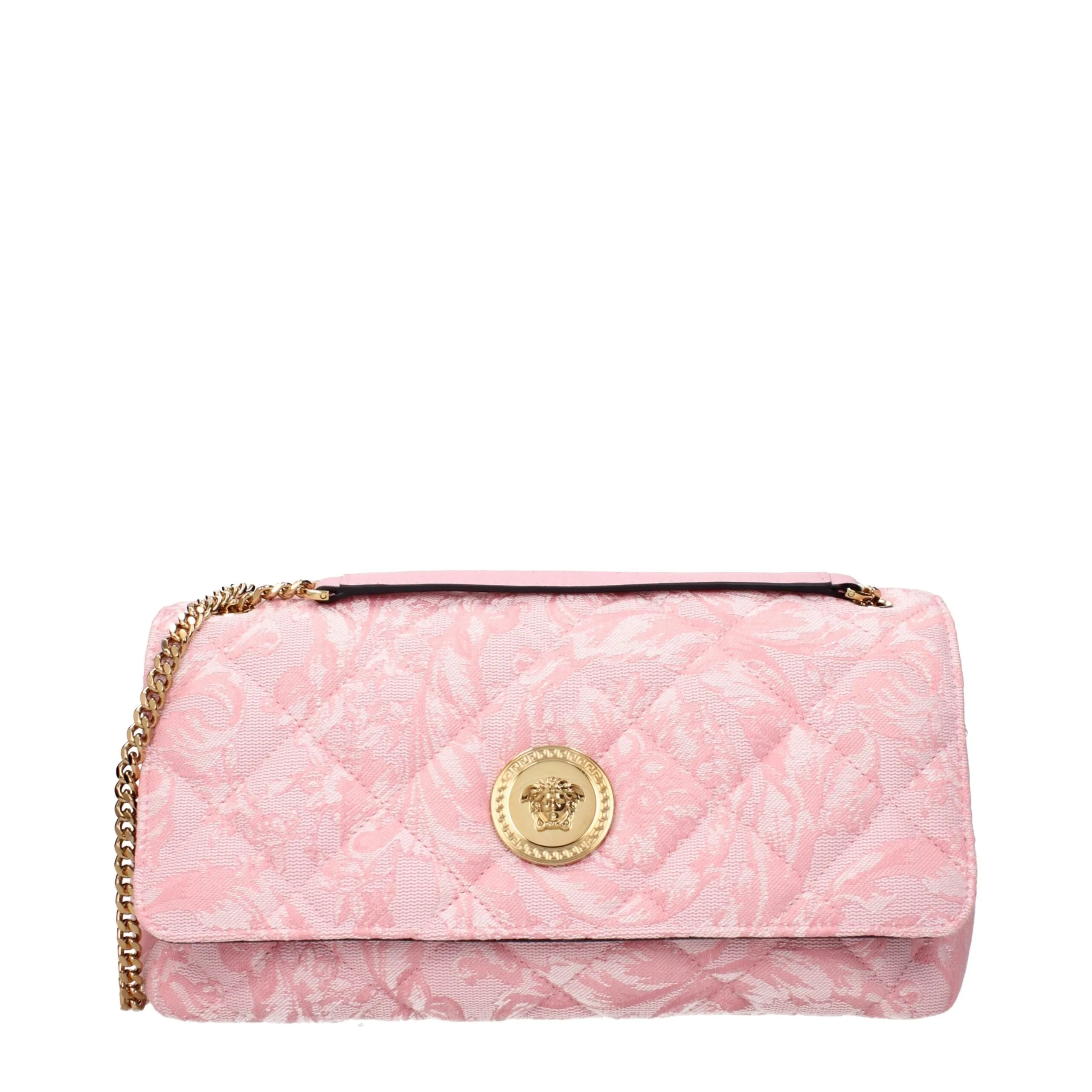 Pink patterned quilted fabric Versace shoulder bag with gold chain strap and front Medusa emblem.