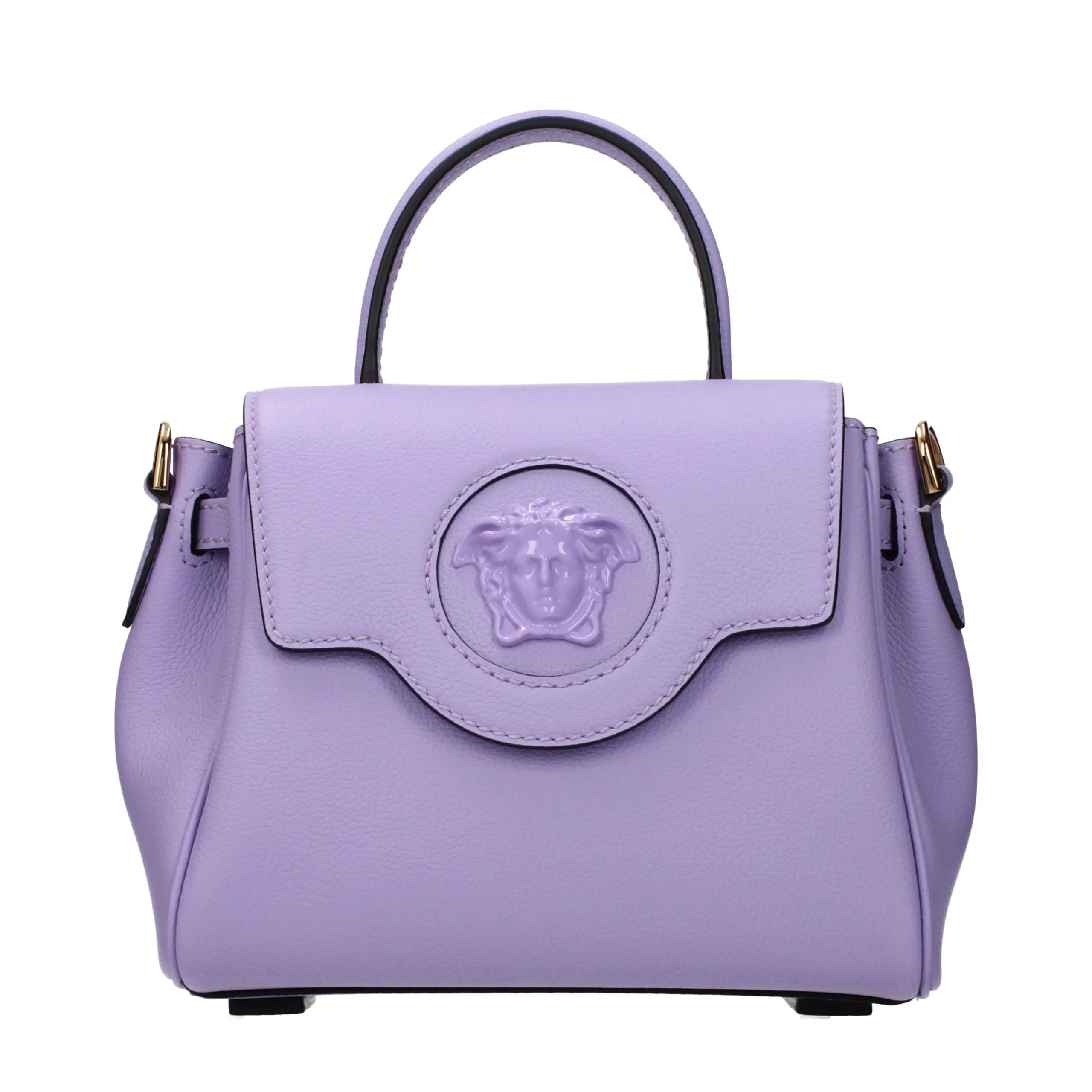 Lavender leather Versace handbag with top handle and embossed Medusa head logo on front flap.
