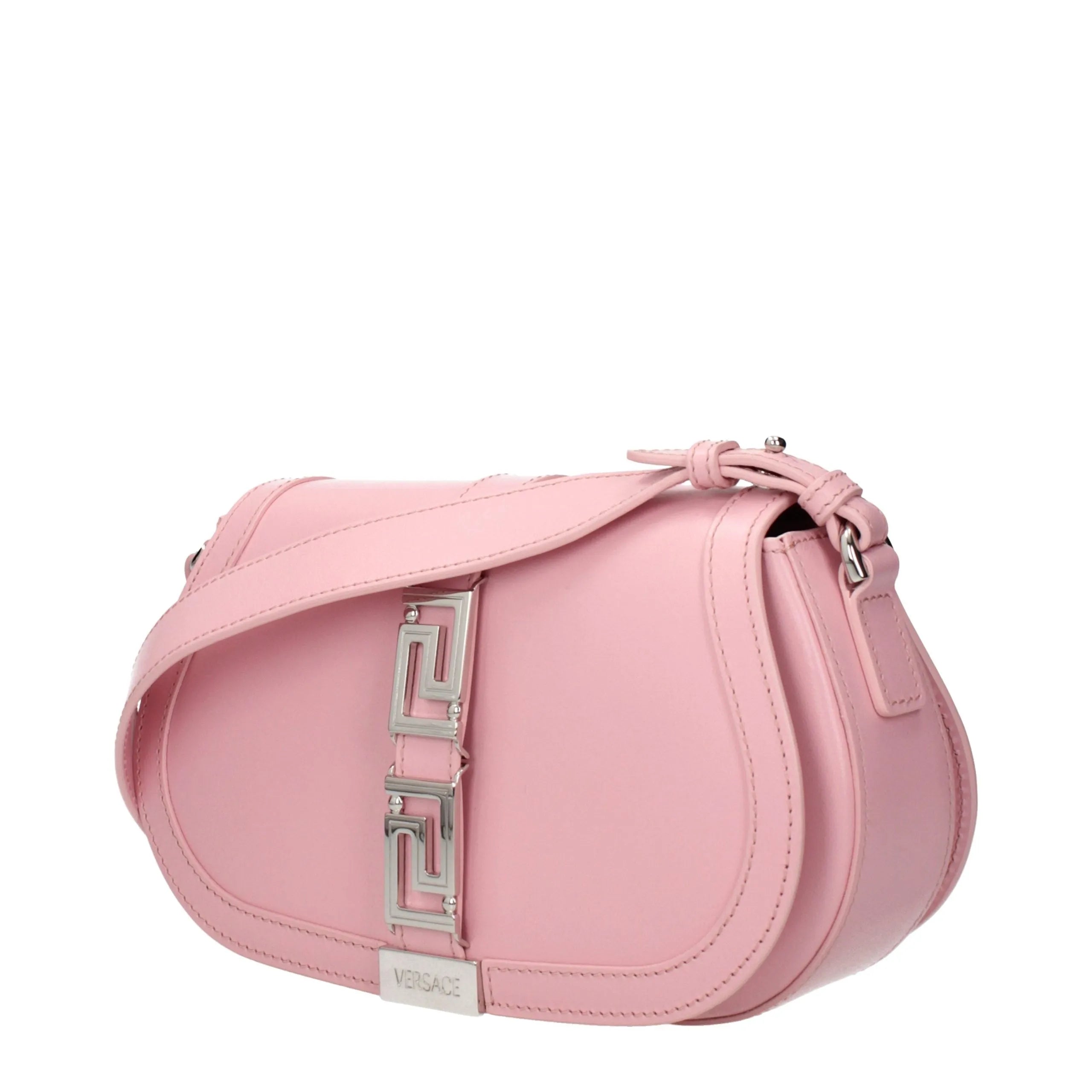 Pink leather Versace shoulder bag featuring a silver-tone front logo and adjustable strap.