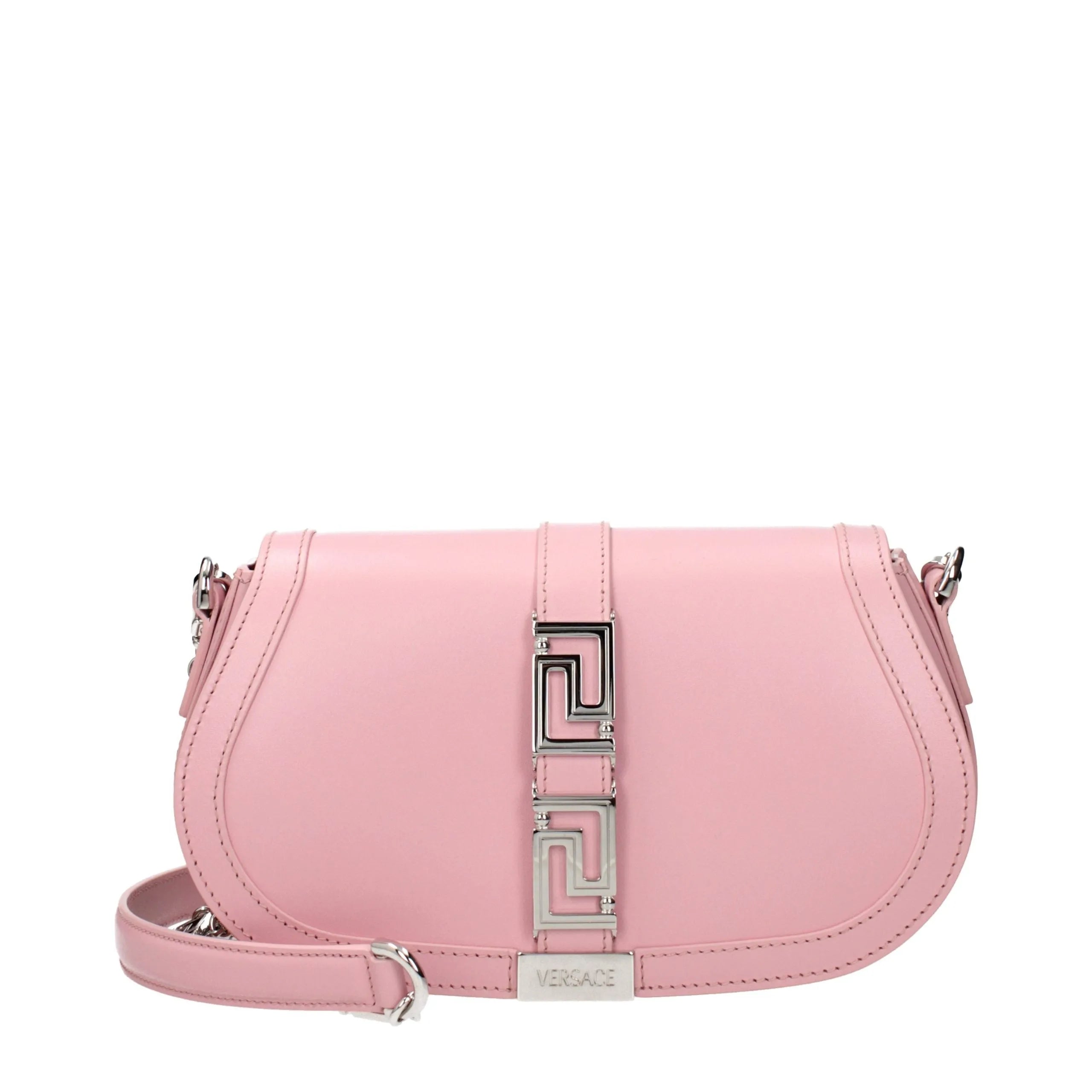 Pink leather Versace shoulder bag with silver Greca key logo and adjustable strap.