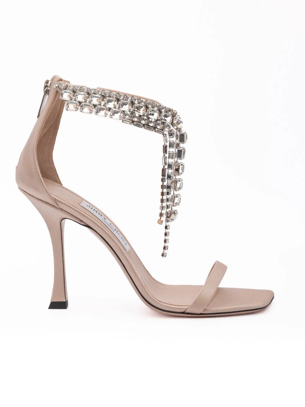 Jimmy Choo Macaron satin Verity 100 sandals featuring a dangling crystal ankle strap and high stiletto heel.