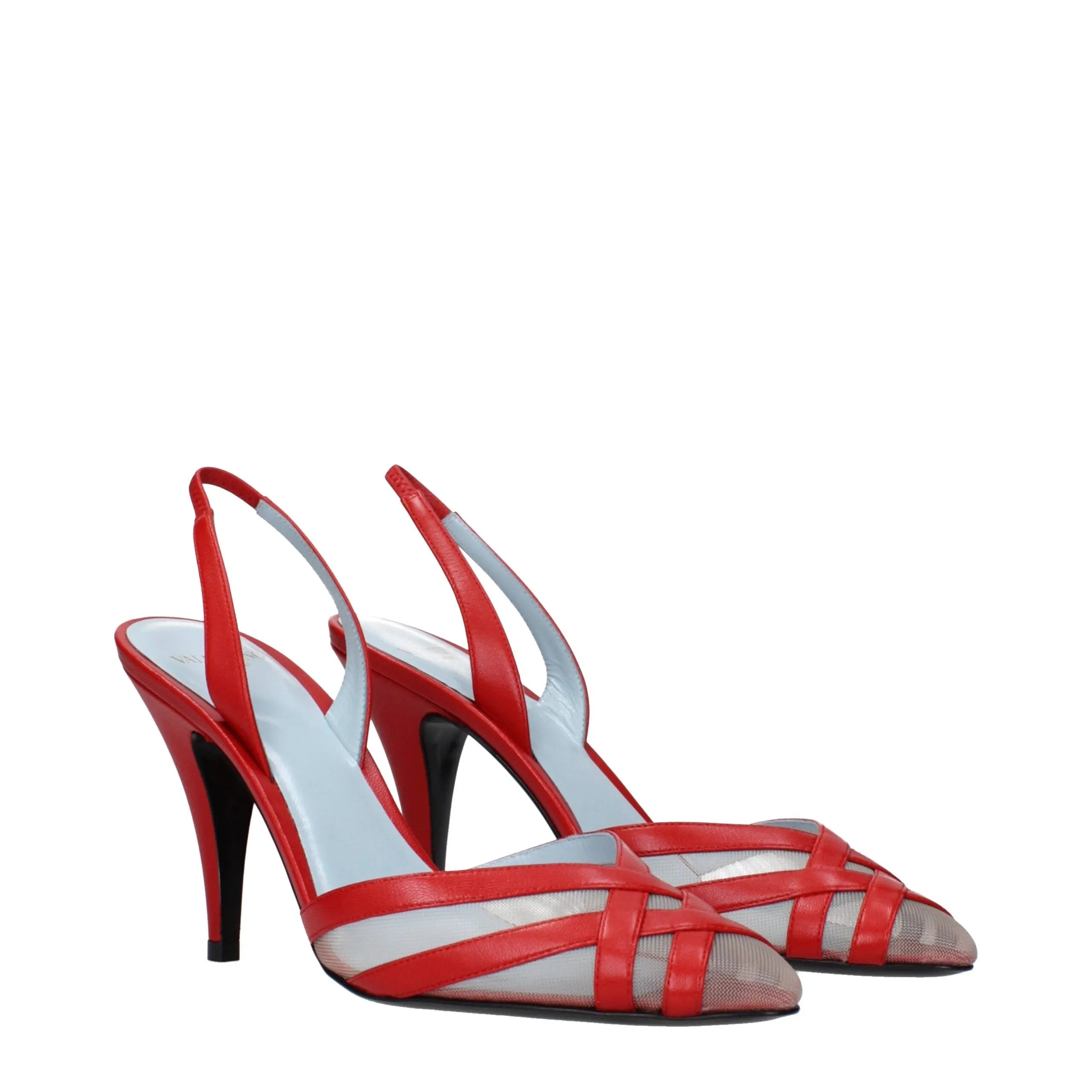 Red leather stiletto sandals with sheer mesh front, crisscross straps, and slingback heel.