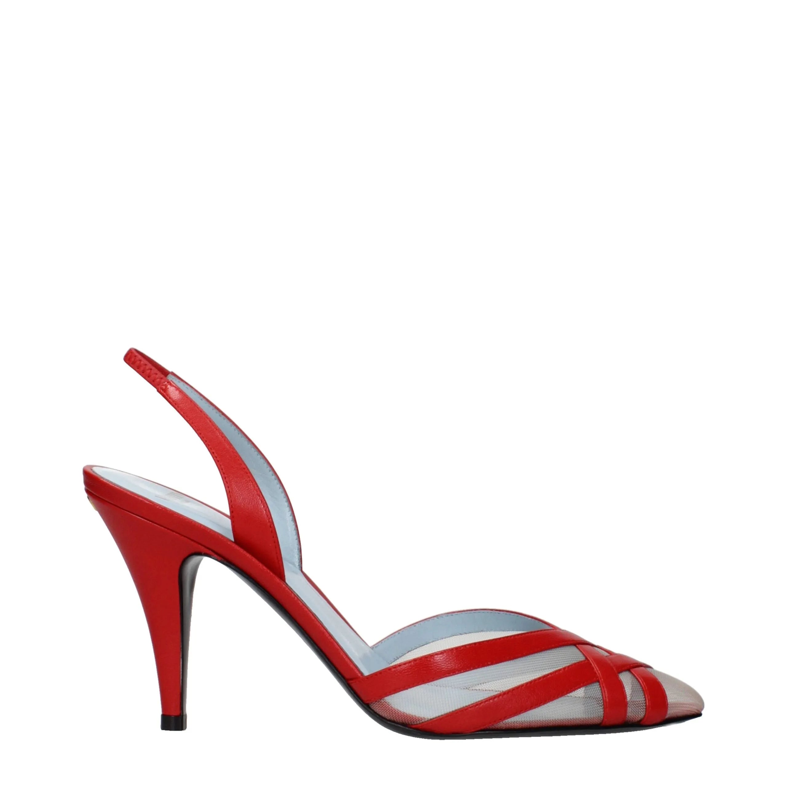 Red leather stiletto heel sandals with sheer mesh toe, crisscross straps, and slingback design.