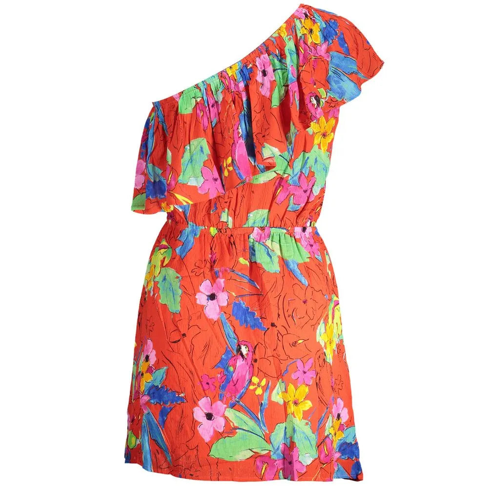 Red Desigual viscose one-shoulder short dress with vibrant floral and parrot print, elastic waist.