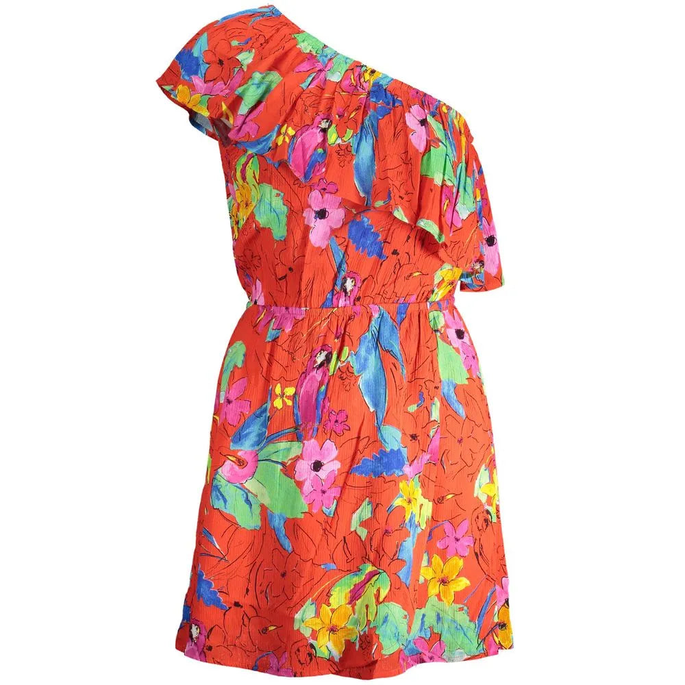 Desigual red viscose short dress with ruffled one-shoulder, vibrant floral print, and elastic waist.