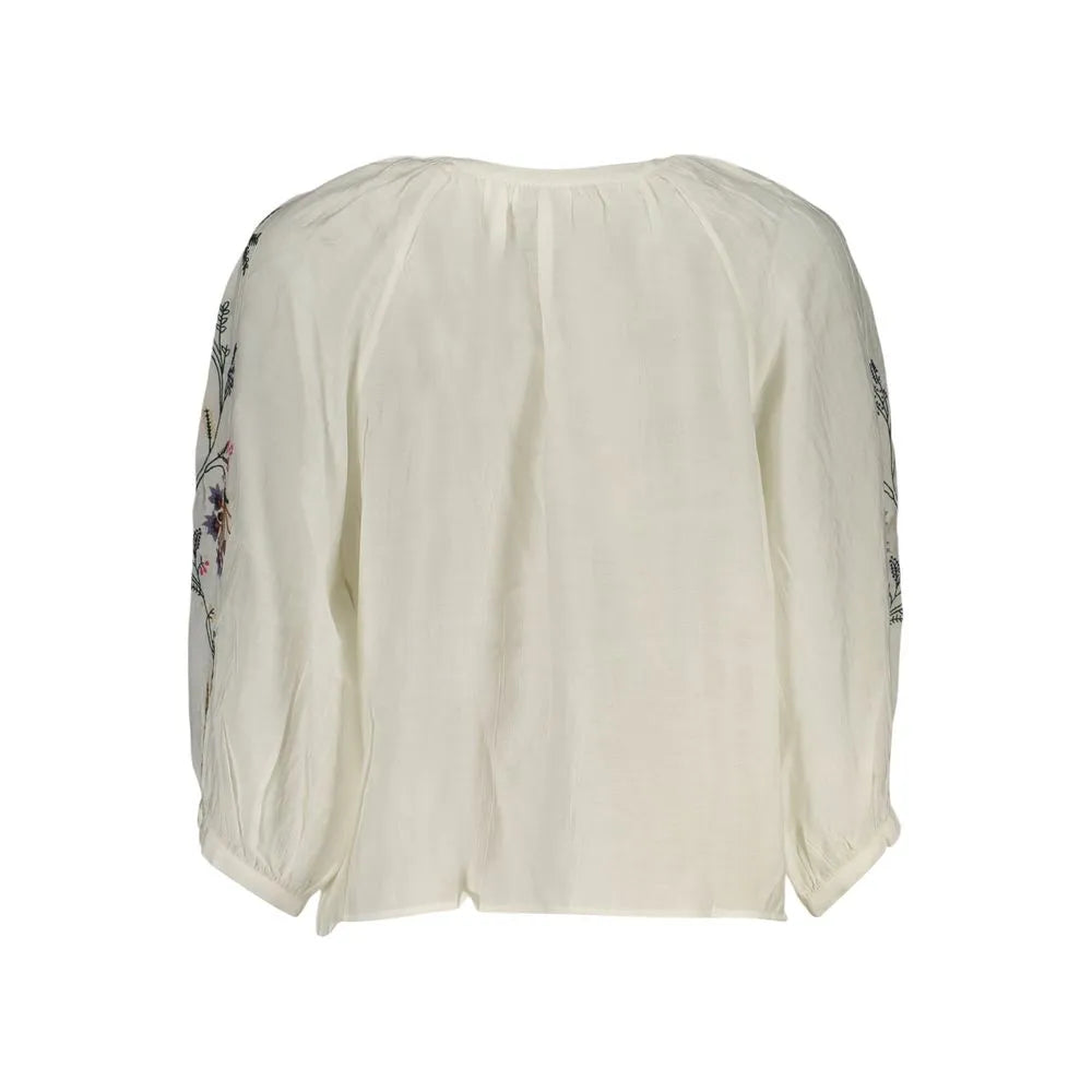 Desigual women's Bianco viscose 3/4 sleeve shirt, back view, with colorful floral embroidery on sleeves.