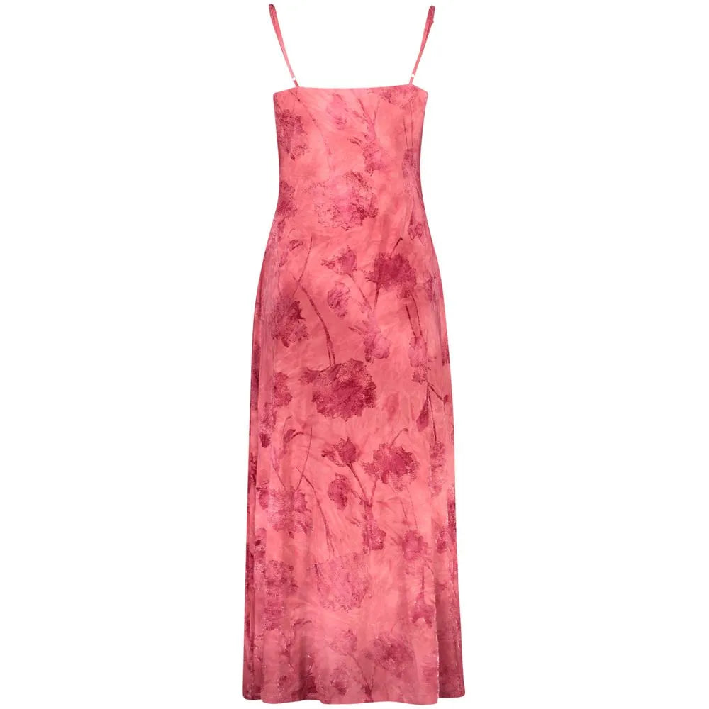 Women's red polyester maxi dress, back view, with thin adjustable straps and a unique floral print.