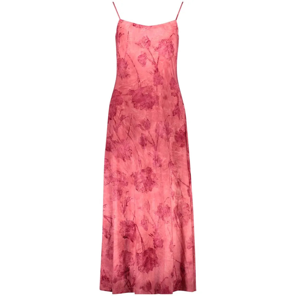 Red polyester maxi slip dress with thin adjustable straps and all-over floral print.