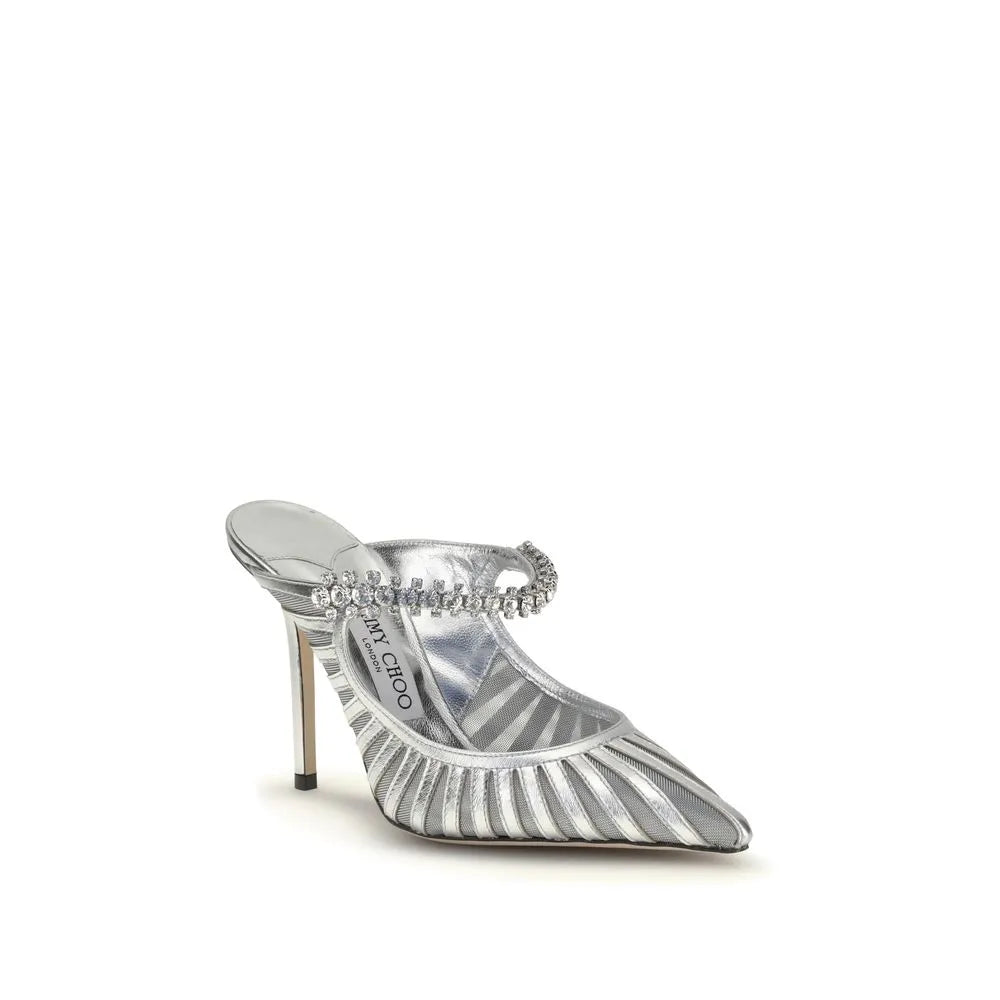 Silver metallic weave Jimmy Choo Bing 100 Sabot high heel mule with pointed toe and crystal embellished strap.