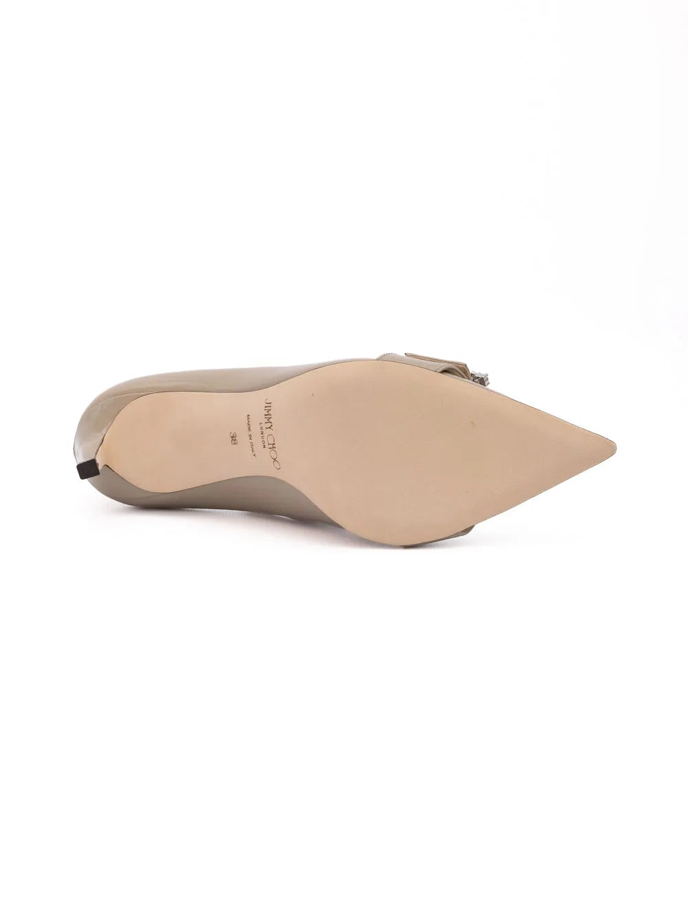 Jimmy Choo Taupe Grey Patent Leather Chery 85 pointed-toe pump, 85mm heel.