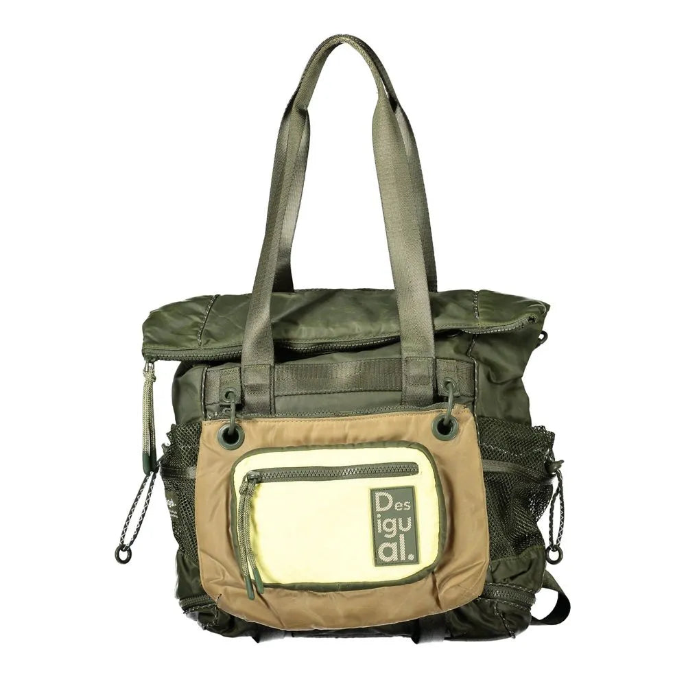 Verde Desigual polyester convertible backpack with tan and yellow front zip pocket, mesh sides, and top handles.