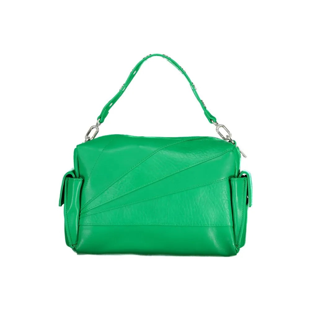 Verde polyurethane women's handbag with studded top handle, geometric stitched front, and side flap pockets.