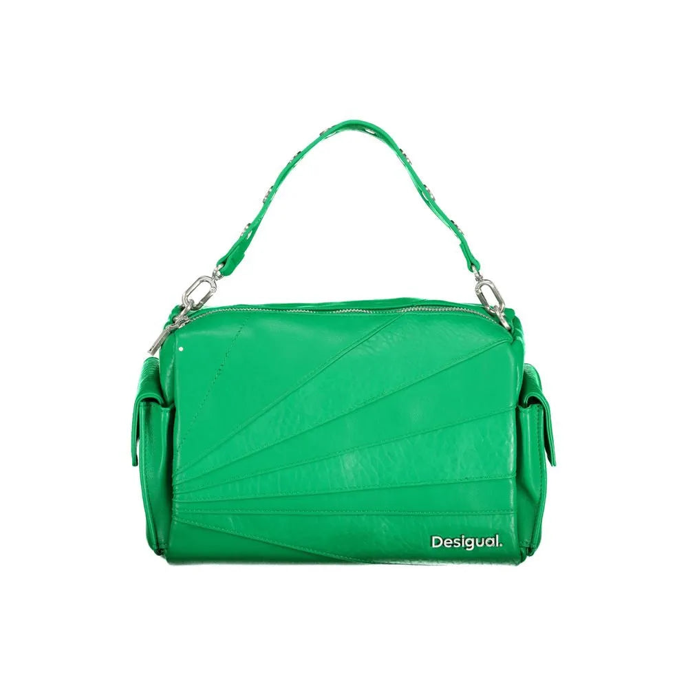 Verde polyurethane women's handbag with a pleated front design, side pockets, studded strap, and Desigual logo.
