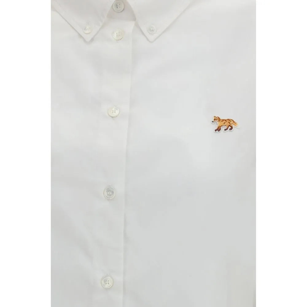 White Maison Kitsuné cotton poplin cropped shirt with button placket and embroidered Baby Fox.
