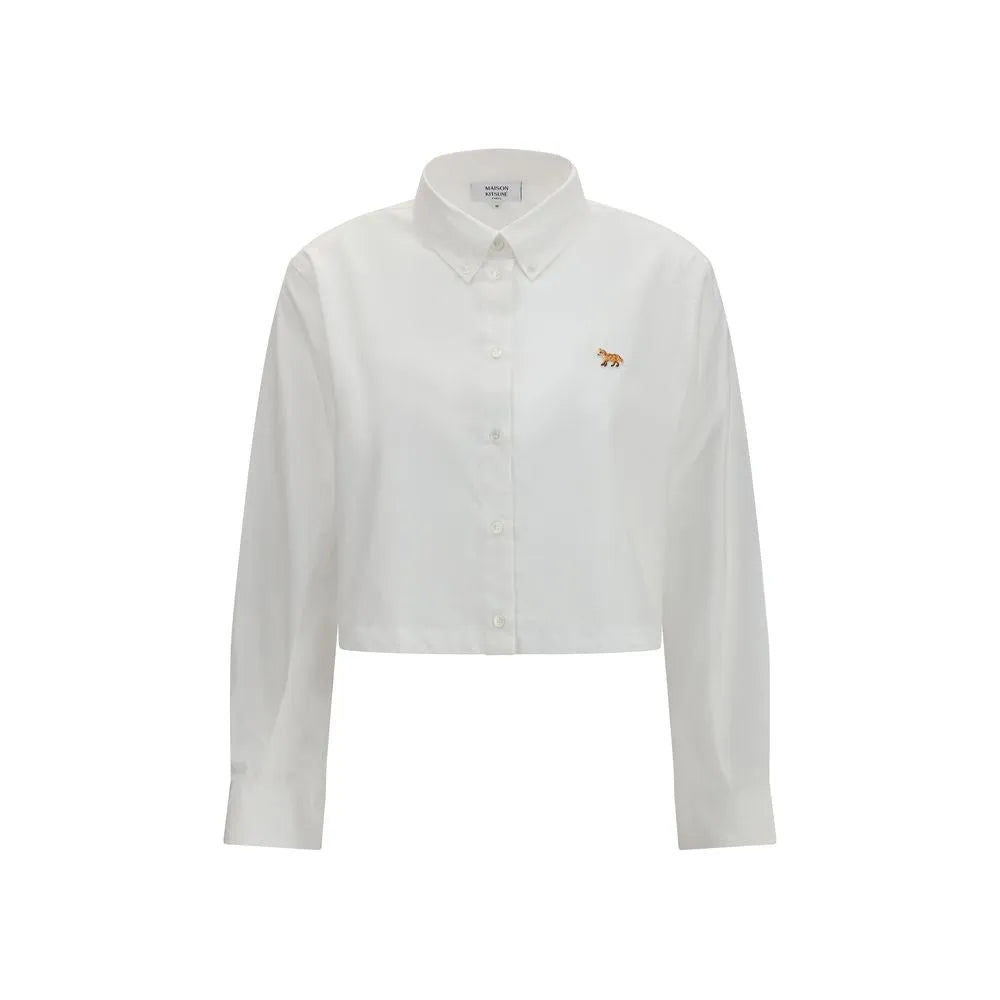 White Maison Kitsuné Baby Fox cropped cotton poplin shirt with classic collar, button front, and embroidered fox.