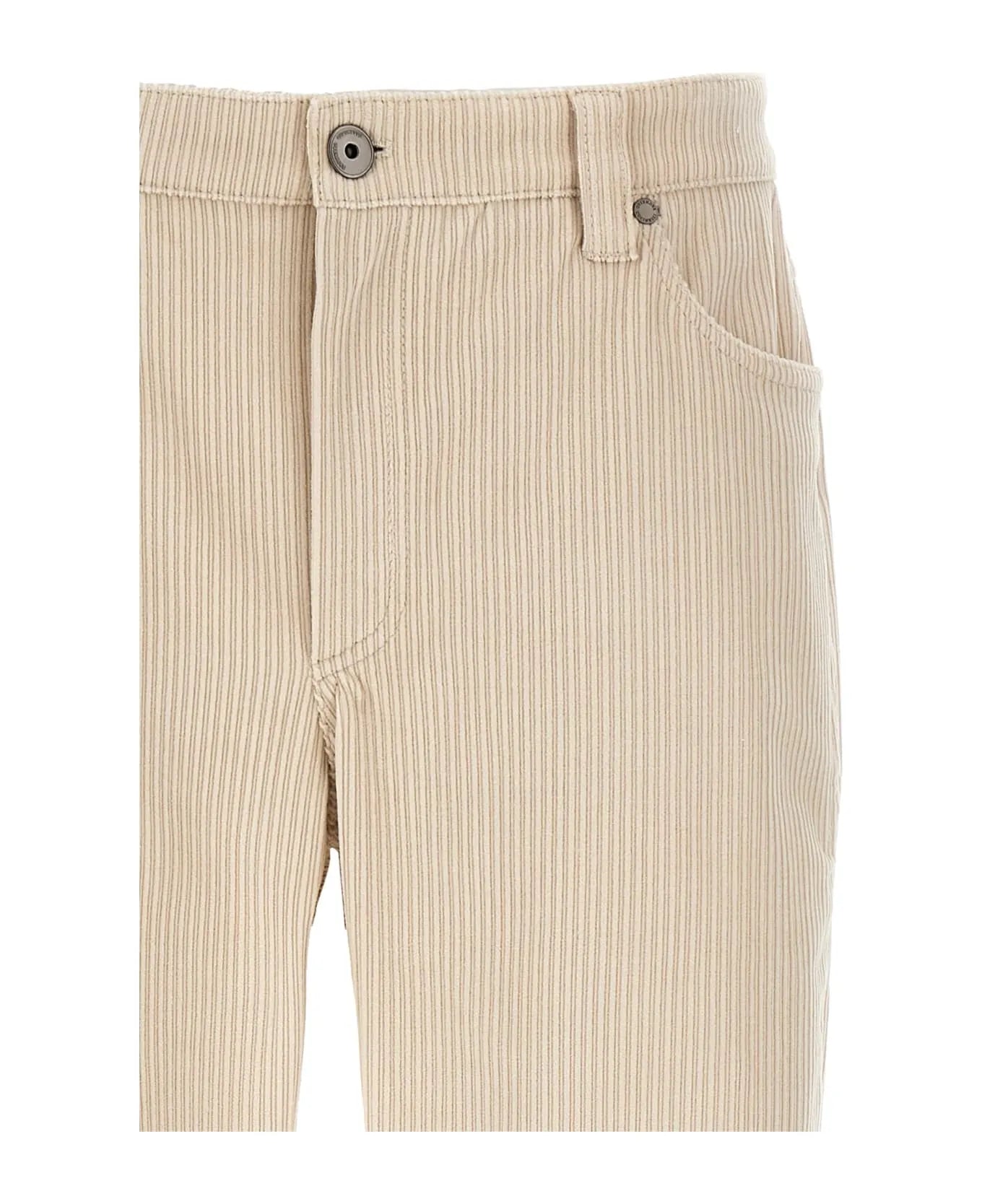 Milk cotton ribbed casual pants for women, featuring a button closure, belt loops, and front pocket.