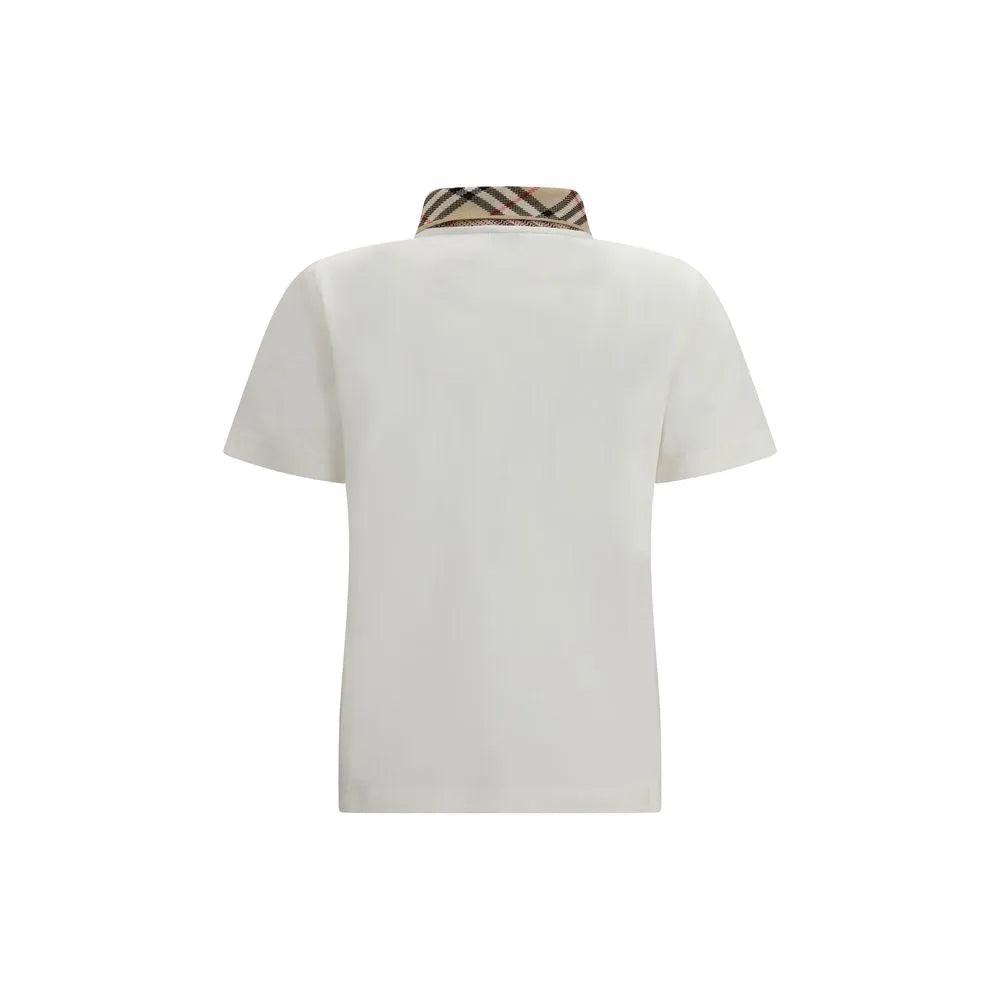Burberry white regular fit cotton piqué polo shirt, back view, with iconic sand beige Check collar.