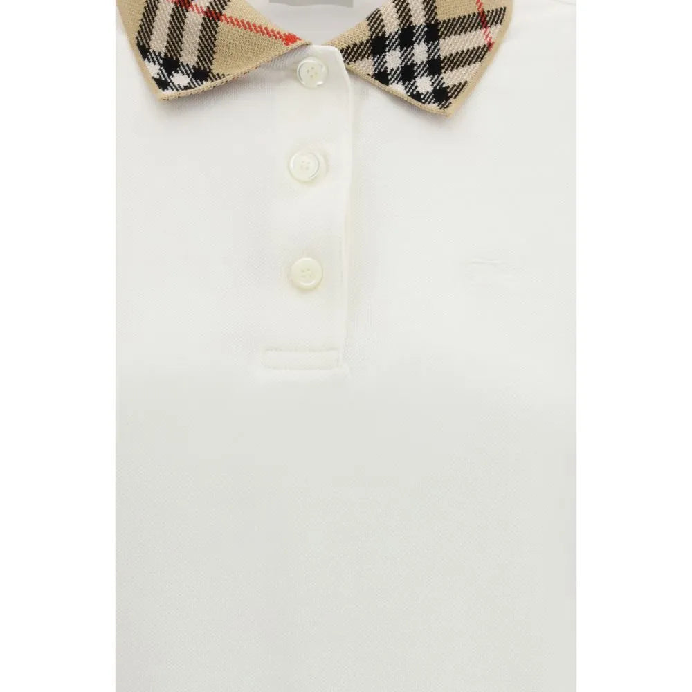White cotton piqué Burberry polo shirt with iconic sand beige Check collar and embroidered Equestrian Knight logo.