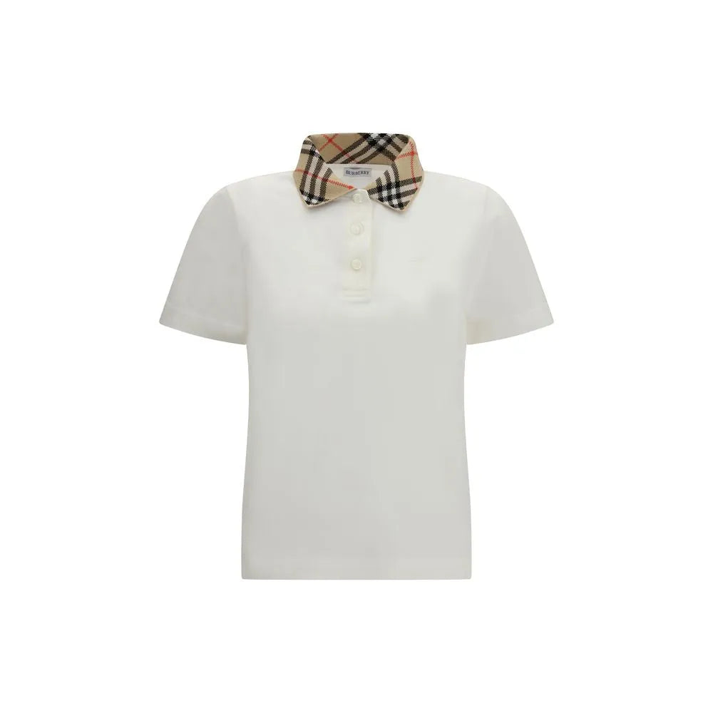 White cotton piqué polo shirt with a classic Burberry Check collar in sand beige, black, and red.