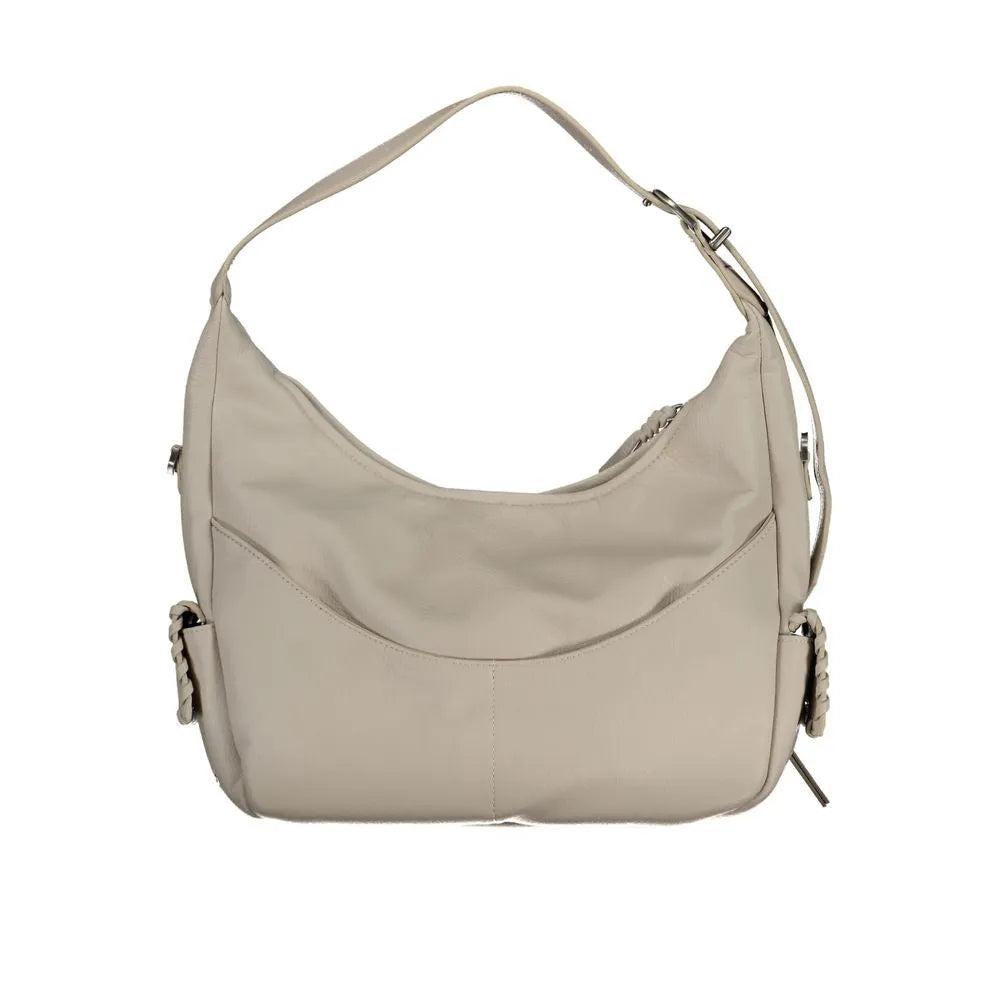 White polyurethane women's hobo handbag with front and side pockets, adjustable strap, and top zip.
