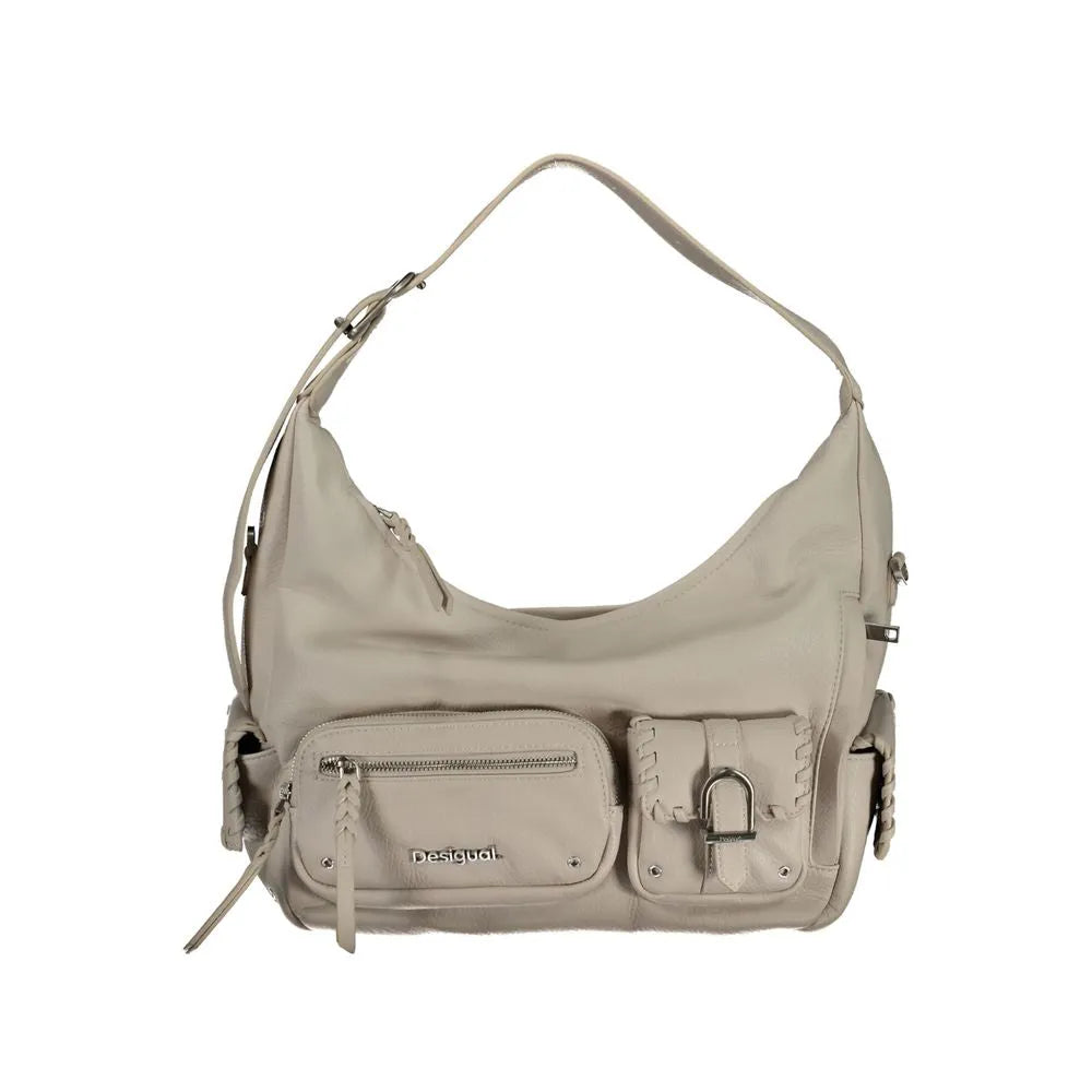 White Desigual women's polyurethane handbag with adjustable strap, front zip and buckle pockets, plus side pockets.