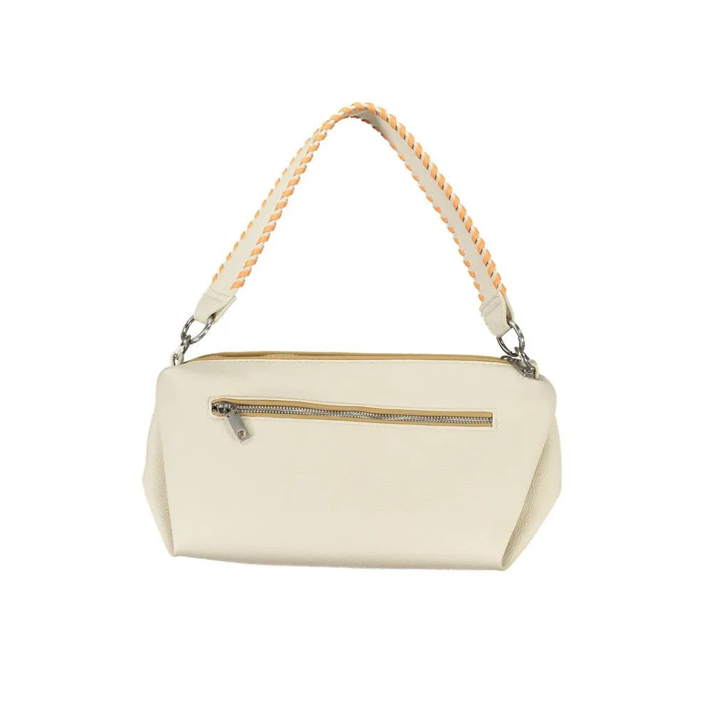Off-white polyurethane women's handbag with braided top handle, orange accent, and front zip pocket.