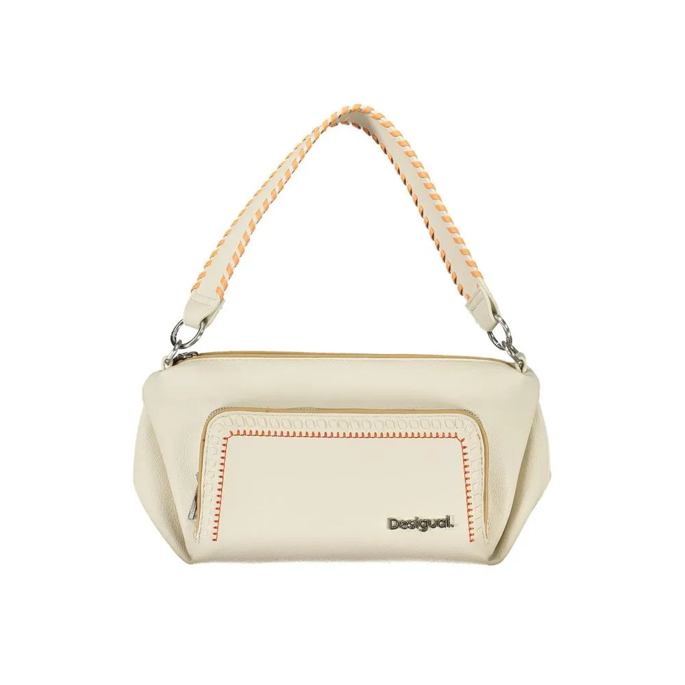 Off-white polyurethane Desigual women's handbag with braided orange-accented handle and front pocket.