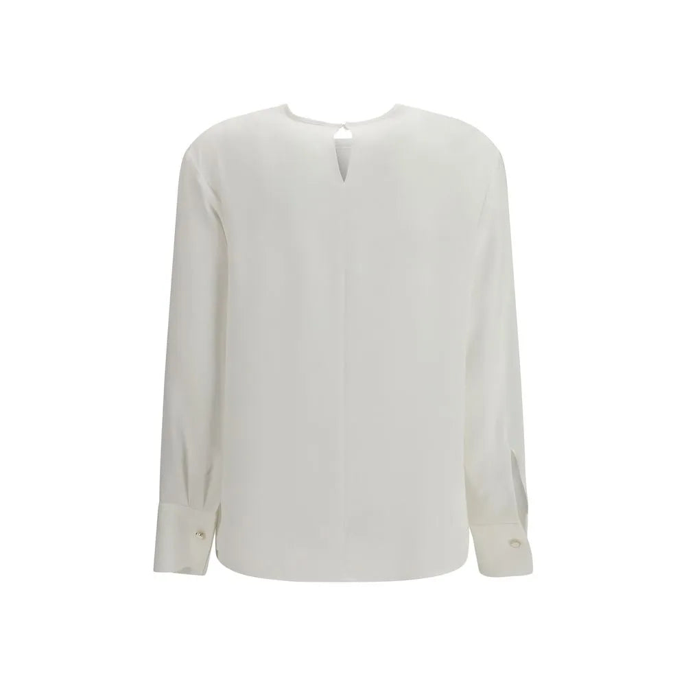 White triacetate blouse, back view, with a teardrop button closure at the neck and buttoned cuffs.