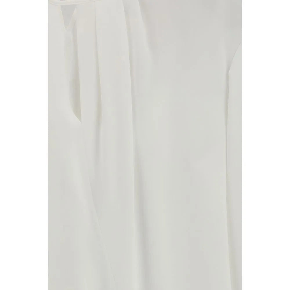 Elegant white triacetate blouse with a gathered crew-neck and soft, draped fabric.