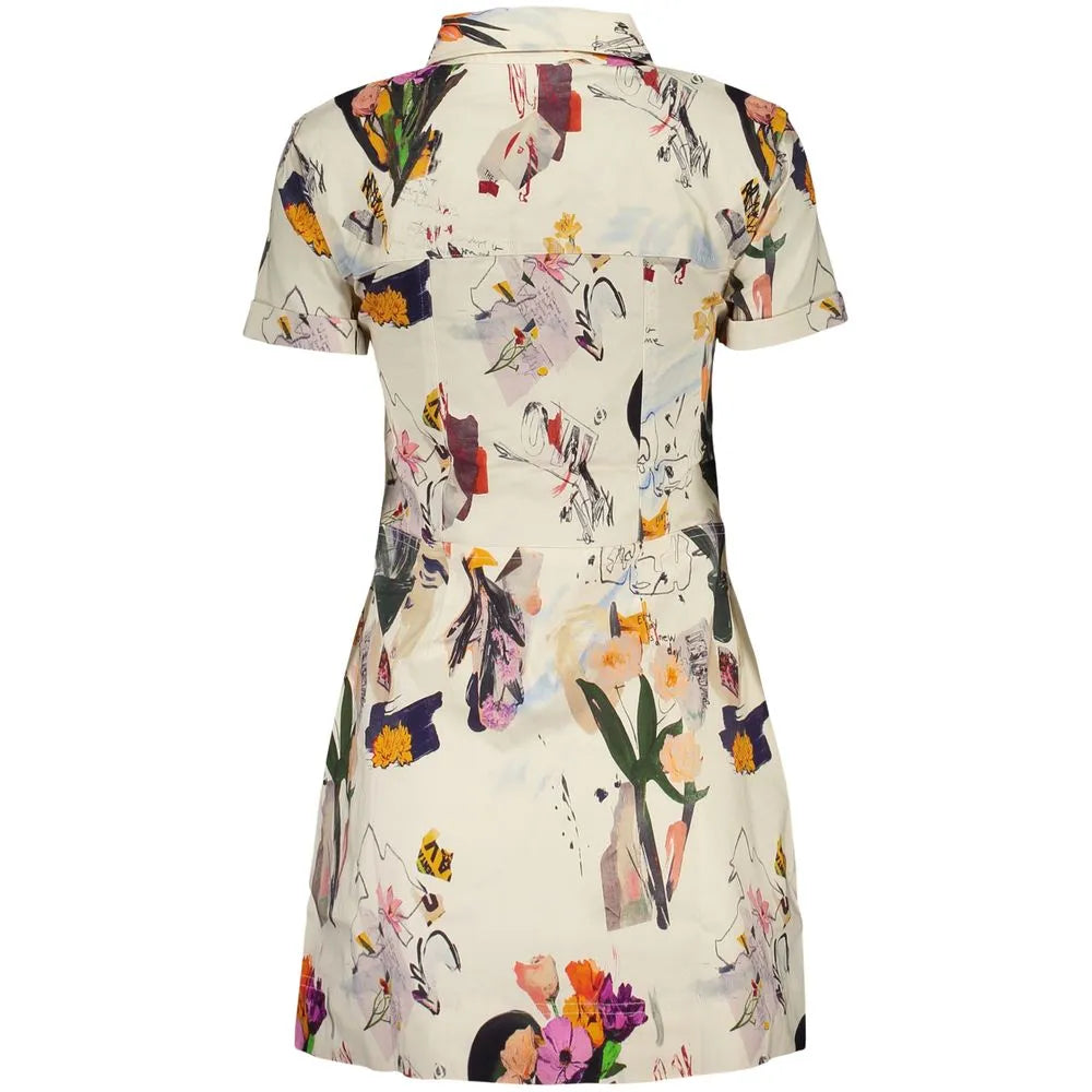 White Viscosa short dress with Italian collar, short sleeves, vibrant abstract floral print, and pockets.