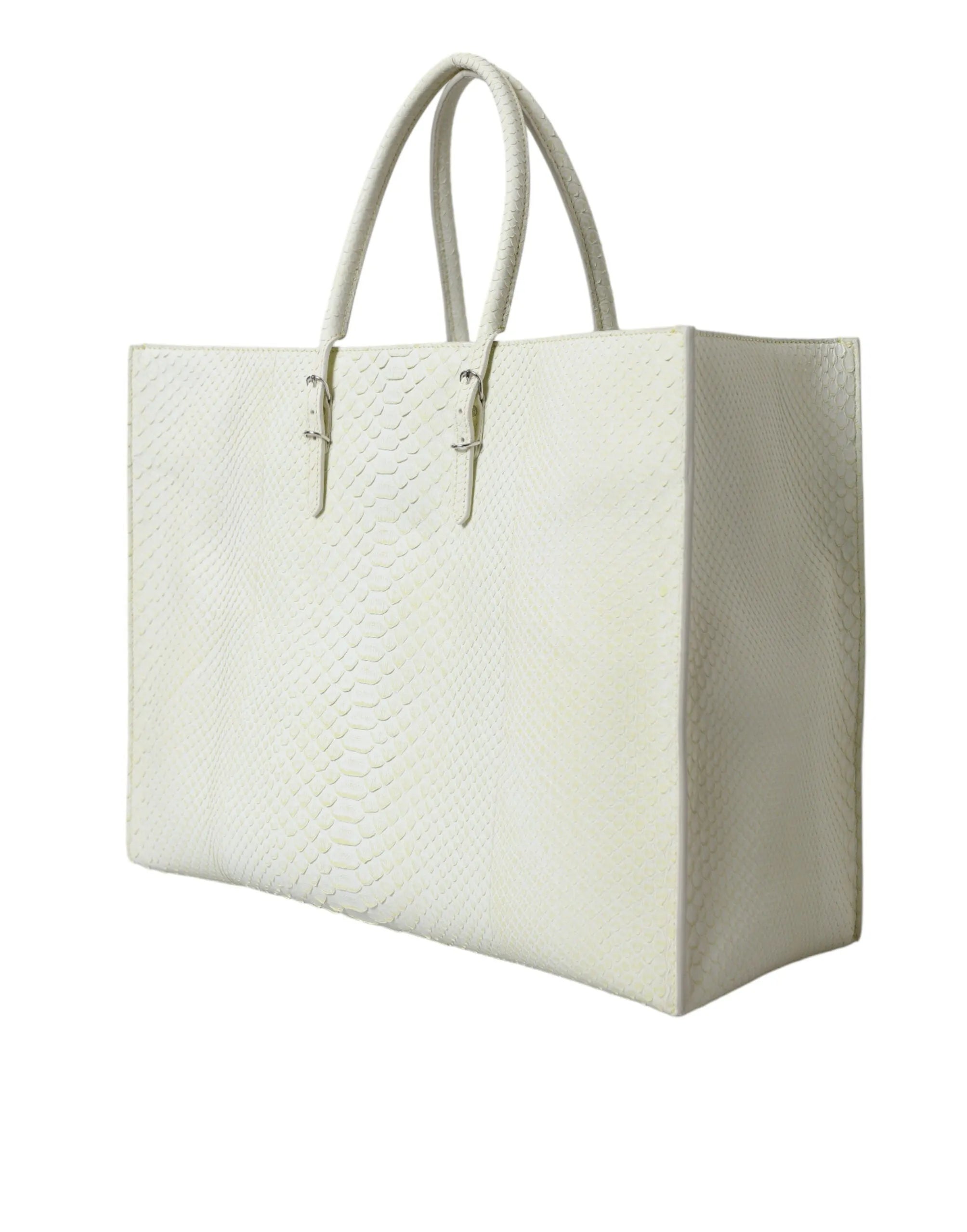 Balenciaga Papier white-yellow python leather shopping tote with dual rolled handles.