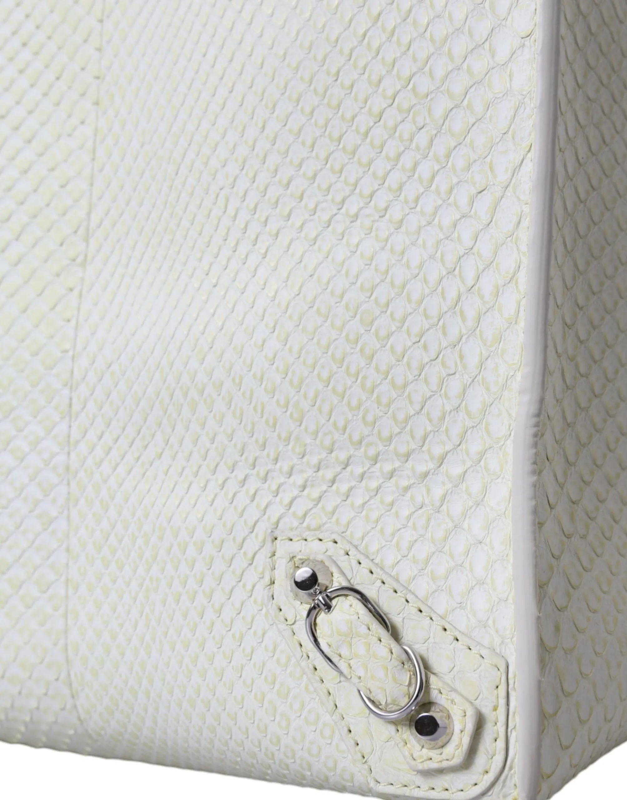 White and lemon yellow python skin Balenciaga Papier tote bag with silver stud and ring hardware.