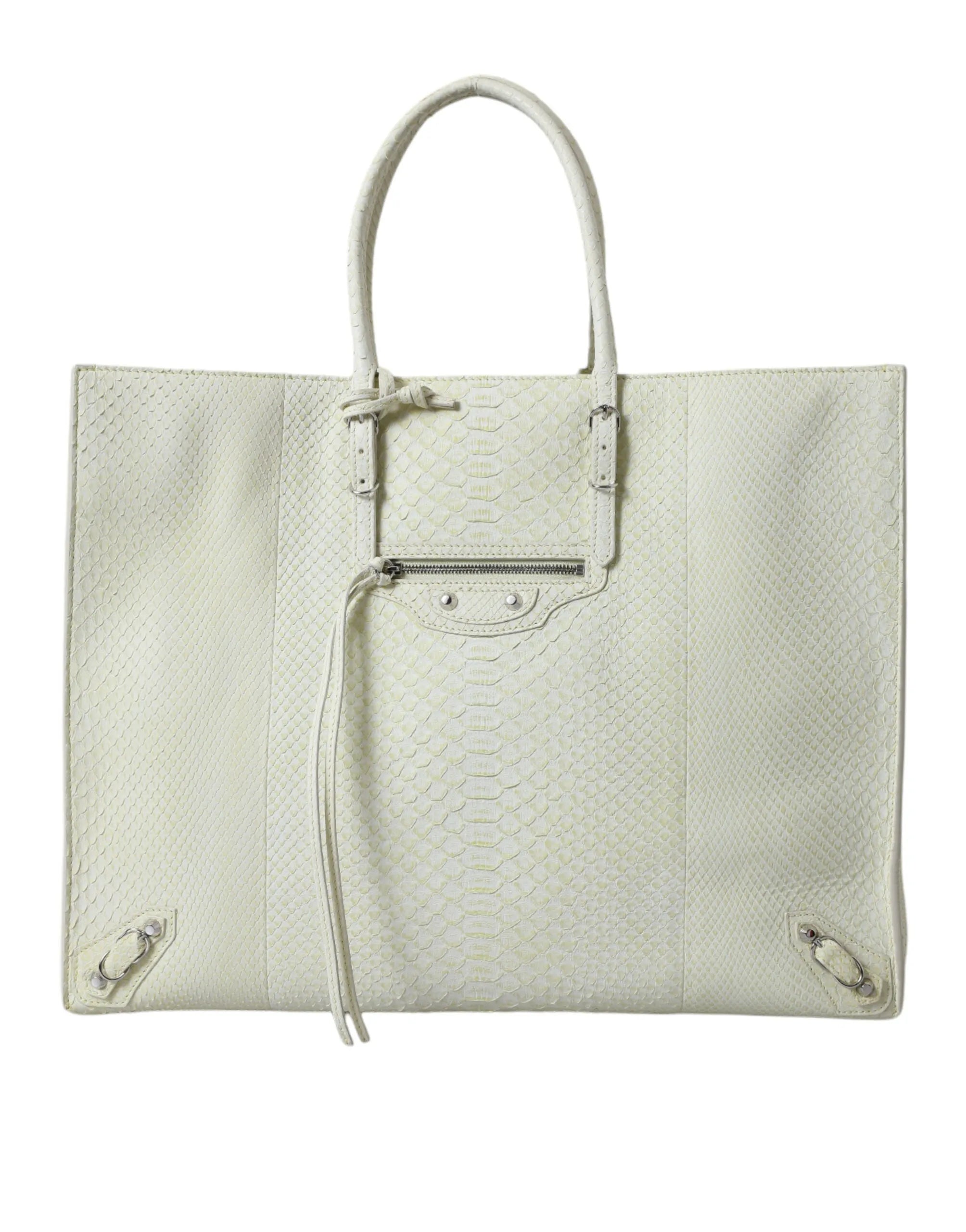 Balenciaga Papier A4 white python leather shopping tote with subtle lemon yellow tint, front zip, and silver hardware.