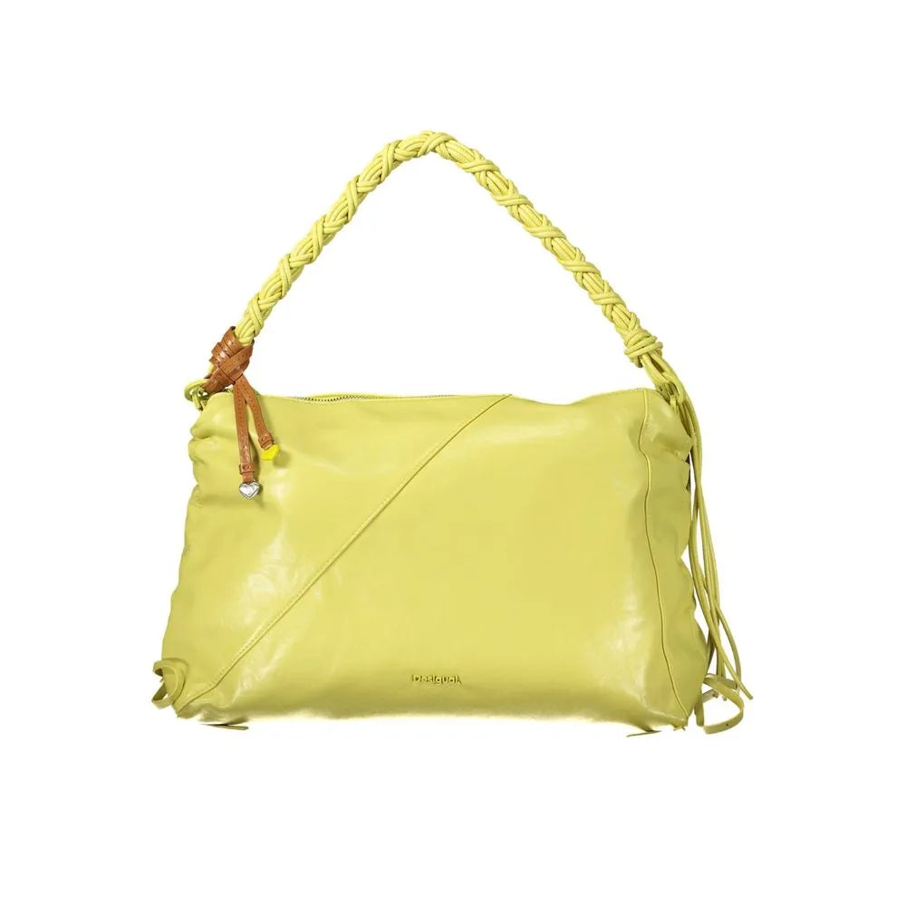 Yellow polyethylene handbag with braided shoulder handle, contrasting charm, and Desigual logo.